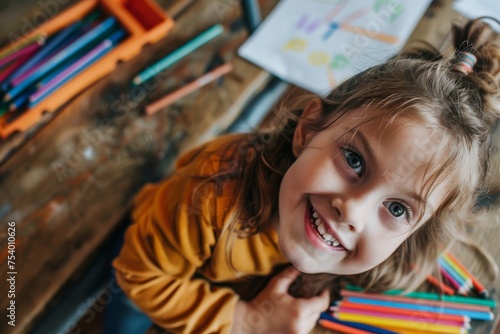 High angle view of smiling girl drawing with crayon on paper while sitting at bench in classroom