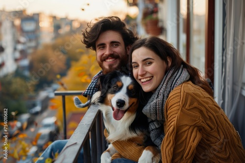 Happy young man and woman enjoying with dog on balcony