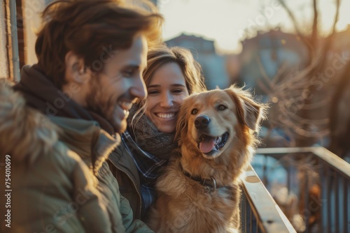 Happy young man and woman enjoying with dog on balcony