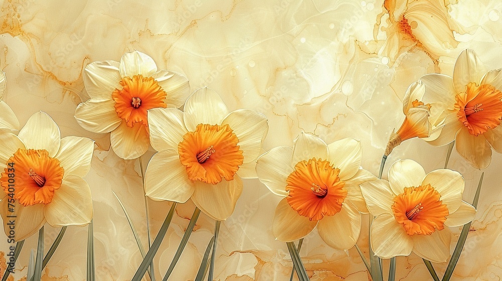Illustration of light yellow daffodils on a marble like soft texture background - obrazy, fototapety, plakaty 