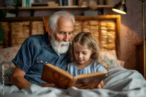 Happy senior man reading storybook with granddaughter on bed at home