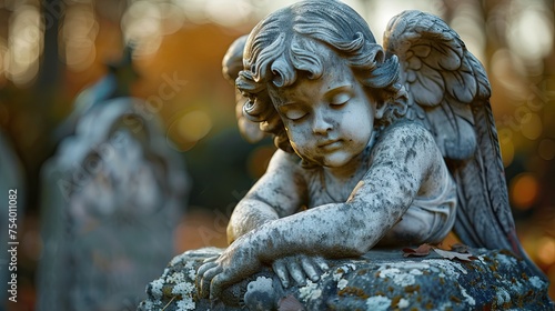 sad angel statue at the cemetery with copy space for text funeral concept 