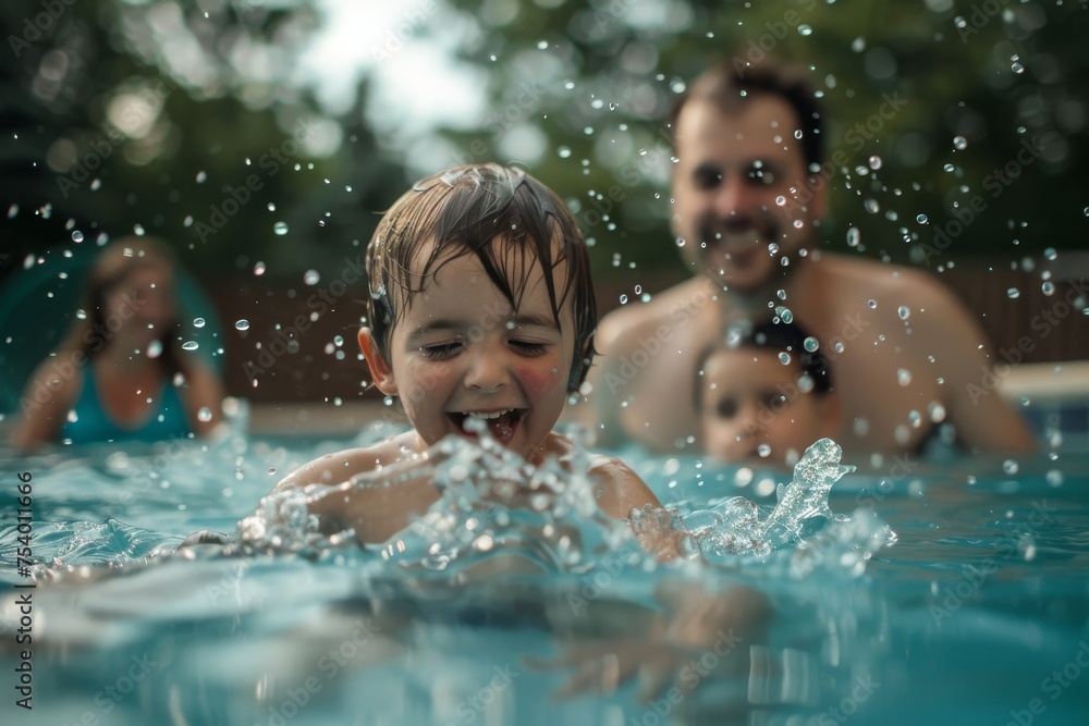 Family playing in water at swimming pool
