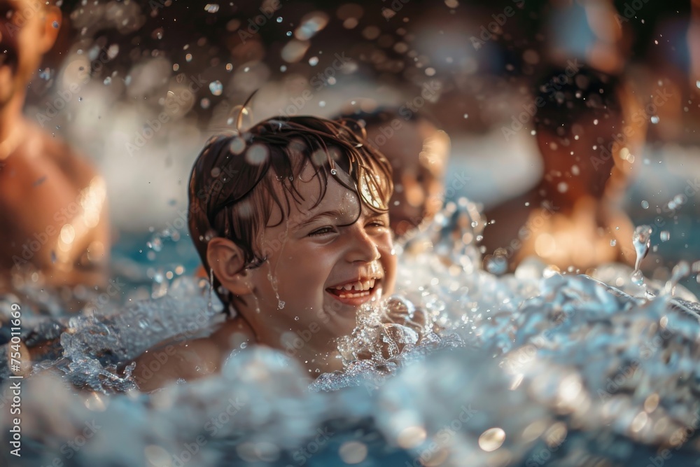 Obraz premium Family playing in water at swimming pool