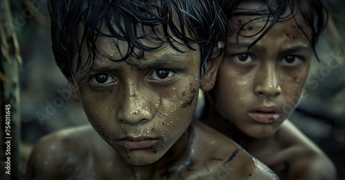 Portrait of sad boys expressing terror on a forest island. Boys with bruised faces and expressions asking for help, feeling lonely and scared.