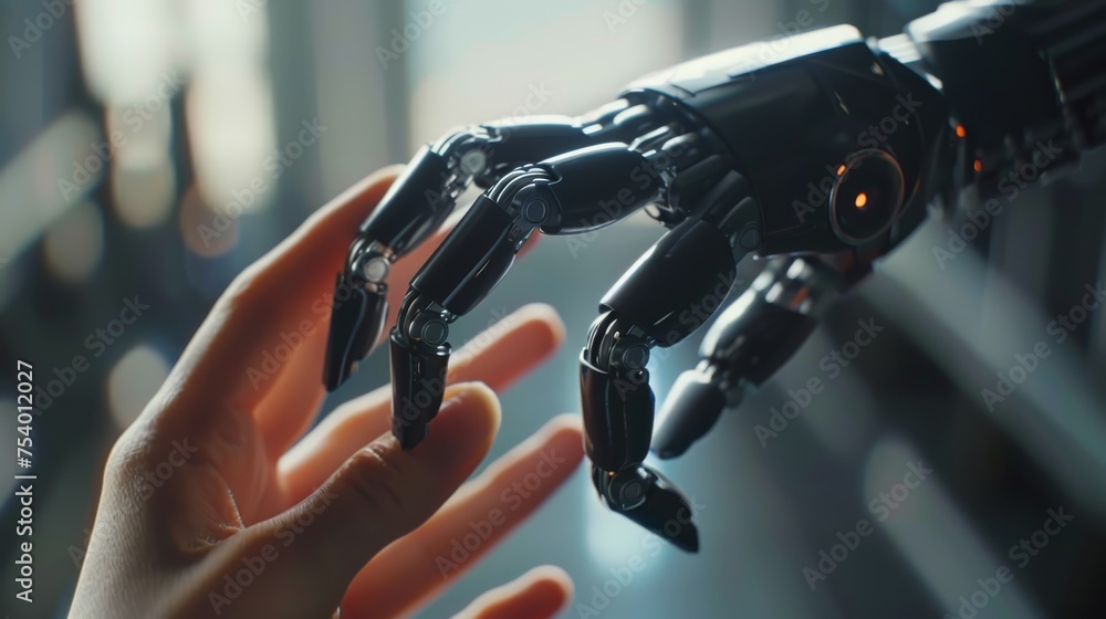 The human finger delicately touches the finger of a robot's metallic finger. Concept of harmonious coexistence of humans and AI technology The human finger delicately touches the finger of a robot's metallic finger. Concept of harmonious coexistence of humans and AI technology