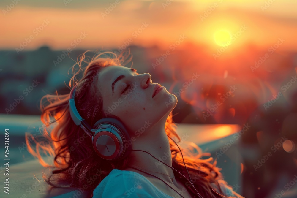 Woman wearing headphones and relaxing on rooftop - obrazy, fototapety, plakaty 