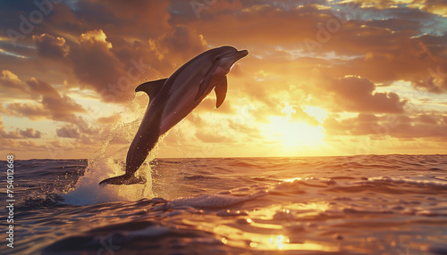 A dolphin leaps gracefully from the ocean against a stunning sunset, creating a spray of water in the air © Seasonal Wilderness