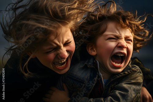 Little children brother and sister screaming with emotions and hysterics fight each other. photo