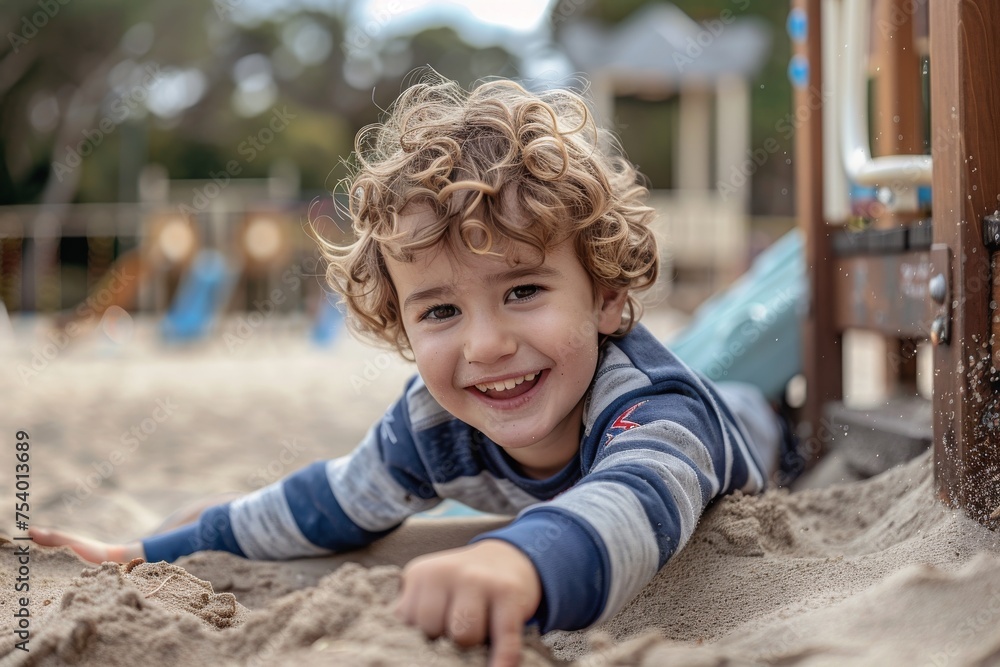 Smiling boy playing with sand on playground on sunny day Smiling boy playing with sand on playground on sunny day
