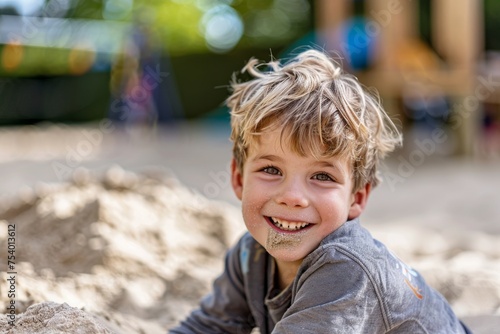 Smiling boy playing with sand on playground on sunny day