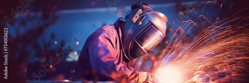 Close up of professional welder working on medium sized pipe with blue light, copy space available
