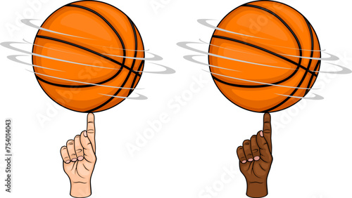 Vector illustration of a basketball spinning on a finger, in two color variations.