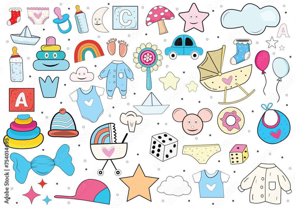 Set baby toys in doodle vector design, icons collection seamless pattern style isolated on white background illustration Set baby toys in doodle vector design, icons collection seamless pattern style isolated on white background illustration