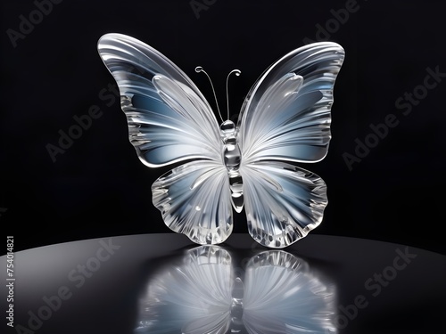 Breathtaking crystal quartz glass sculpture of a delicate butterfly embodying mesmerizing translucent effects against a plain dark shaded background. Generative AI