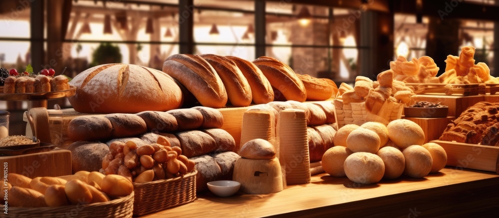A table at a cozy hotel buffet is covered with a wide variety of fresh bread and pastries, showcasing a delicious assortment of baked goods for guests to enjoy.
