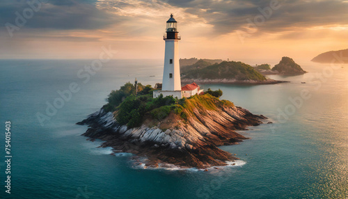 lighthouse on island at dusk, warm tones, serene ambiance, caption space