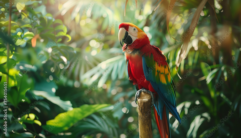 A colorful macaw parrot is perched on a branch amidst the lush greenery of a tropical forest