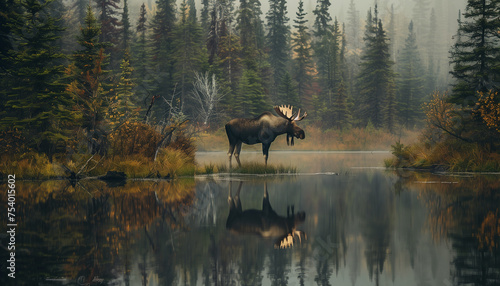 A moose stands in a calm lake with its reflection visible, surrounded by a misty, forested landscape