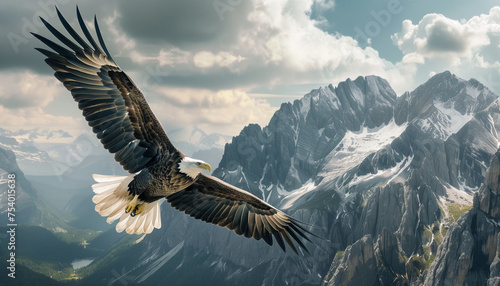 An eagle spreads its wings wide as it soars in front of towering, snowy mountain peaks