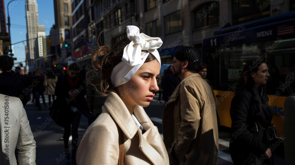 A sleek white headband featuring a bow detail stands out against a sea of busy commuters on the city sidewalk.