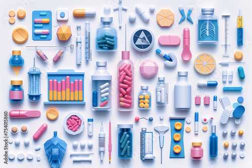 white background of clipart minimal illustration featuring a various of medical objects set, including medicine, bottle, healthcare