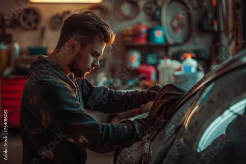 Man polish a car in garage © senyumanmu