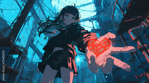 anime girl holding a glowing heart logo