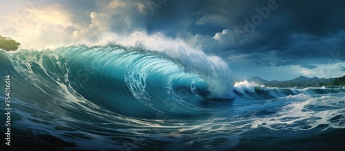 A large, powerful wave is shown crashing in the ocean, creating a dramatic and forceful scene. The wave is depicted with high energy, spraying water in all directions.