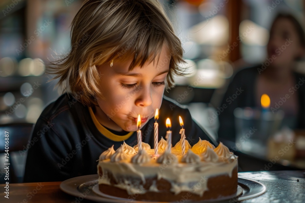 kid blowing out candles on a birthday cake