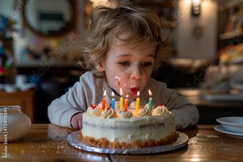 kid blowing out candles on a birthday cake