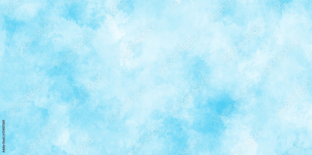 Summer tropical holiday sky sunshine fresh Cloudscape background,  sky blue painted watercolor on paper texture, White clouds in the blue sky, wet ink effect sky blue color watercolor.