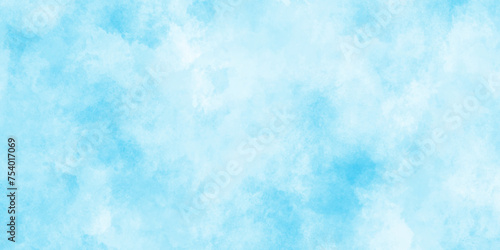 Summer tropical holiday sky sunshine fresh Cloudscape background, sky blue painted watercolor on paper texture, White clouds in the blue sky, wet ink effect sky blue color watercolor.