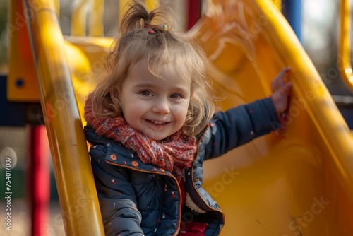 happy little girl in playground sitting on slide © senyumanmu