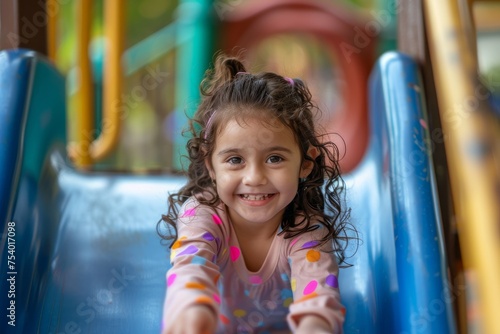 happy little girl in playground sitting on slide