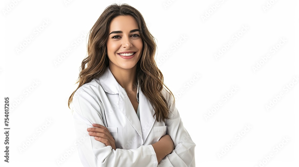 A happy female pharmacist standing with your arms crossed with confidence isolated on white background. A happy female pharmacist standing with your arms crossed with confidence isolated on white background.