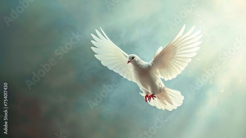 A white dove on bright light shines from heaven background. Symbol of love and peace descends from sky. image of animal.