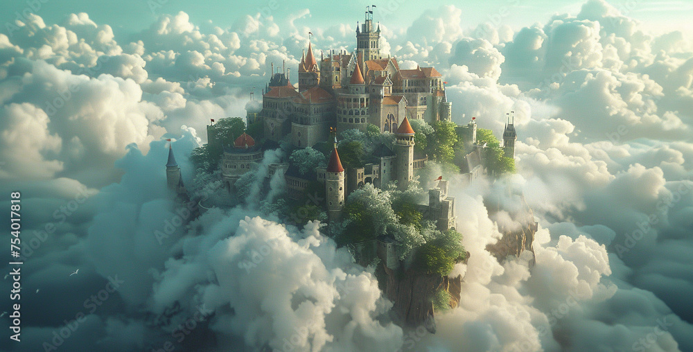 Castle in the clouds, imagined through a child's eyes, 3D render, cinematic, hyperrealistic, high-angle shot. - obrazy, fototapety, plakaty 