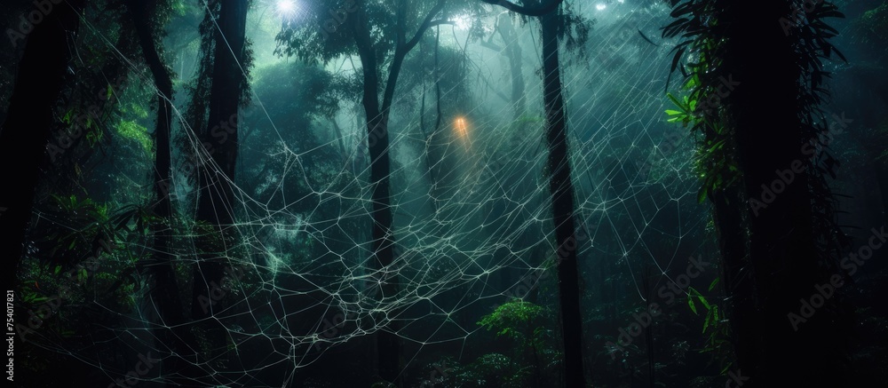 Fototapeta premium A dense forest covered in thick fog, with numerous trees shrouded in mist. The fog creates an eerie and mysterious atmosphere, obscuring the view of the surroundings. Spider webs glisten with dewdrops