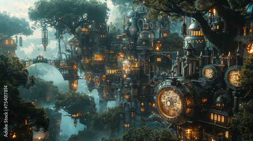 Dream-like clockwork forest with whimsical machinery. 3D render cinematic.