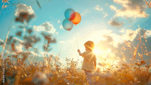 Kid playing with a colorful balloon in a sunlit meadow 3D render
