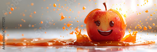 A 3D animated cartoon render of a happy apple dipping into caramel sauce.