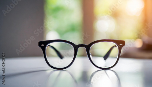 eyeglass frame on white table, lit by bright backlight, ready for caption space