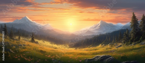 The sun is peeking behind the hill, casting a beautiful glow over the serene meadow underneath. The mountains are depicted in the background, enhancing the mesmerizing view of the sunset.