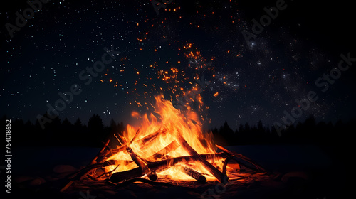 Evening outdoor nature background with campfire closeup