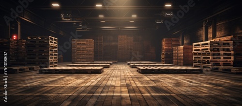 A large industrial room filled with an abundance of empty wooden pallets used for storing and transporting goods in warehouses and factories.