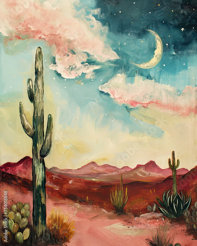 Pink Desert Landscape Painting, Art, Cactus, Moon photo