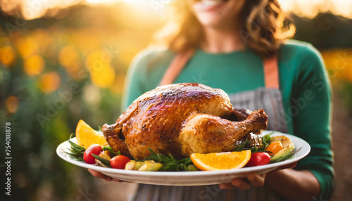 woman's hands delicately hold a roasted turkey, embodying Thanksgiving warmth and tradition