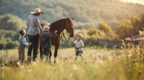 Rustic family vacation, horse riding, sunny countryside, children with father, pure blue color