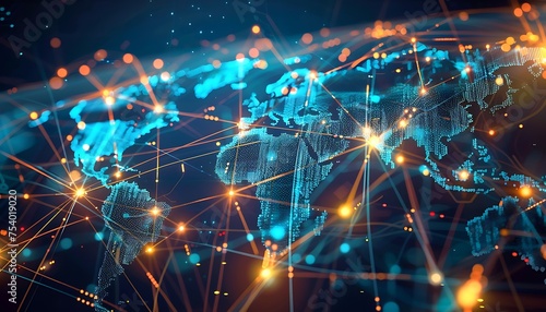 Digital World Map with Network Connections connected to each other. commerce, data, networks.